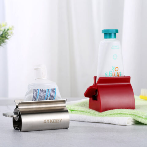 Set of 2 Toothpaste Squeezer Rollers - Metal Toothpaste Tube Wringer + Plastic Toothpaste Seat Holder Stand